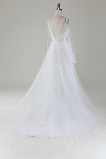 Ivory A-Line V-Neck plissert tyll brudekjole med lange ermer